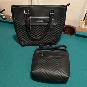 Ivy London Black Quilted Faux Leather Tote Bag & Crossbody Purse Set